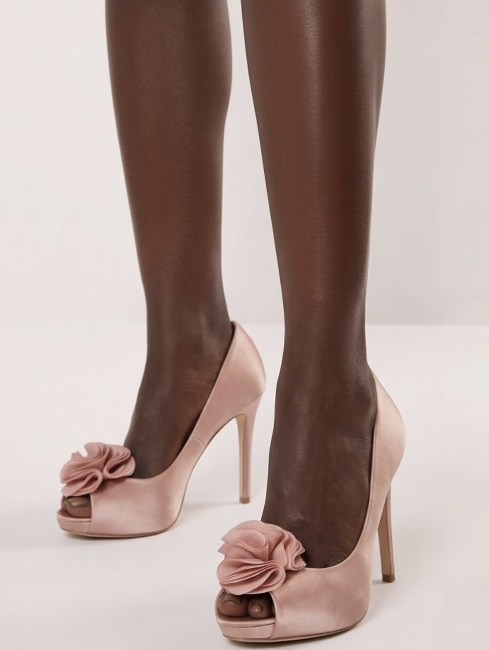 Badgley Mischka Rose Gold Satin Peep-Toe Heels with Floral Rosette